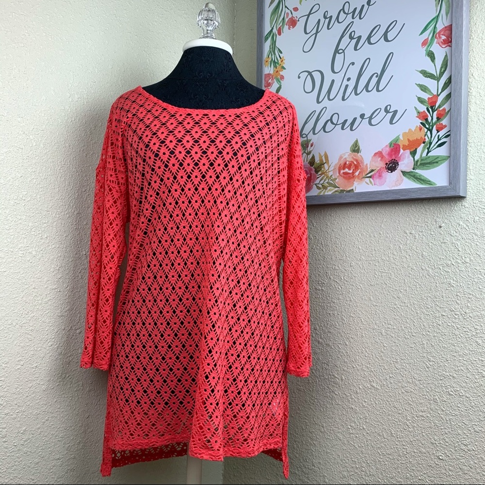 Pink Coral Lace Trim -Long Sleeve Tunic